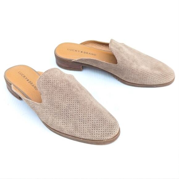 LUCKY BRAND Coryna Perforated Suede Leather Taupe Tan Slip-On Slide Mules Size 7 - Picture 1 of 11